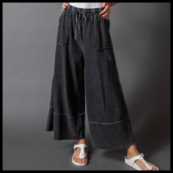 EASEL "Criss Cross" Cotton Mineral Washed Flared Wide Cropped Leg Palazzo Pants - Picture 8 of 11